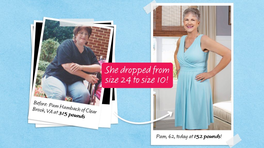 Before and after of Pam Hambach who lost weight eating protein in the morning