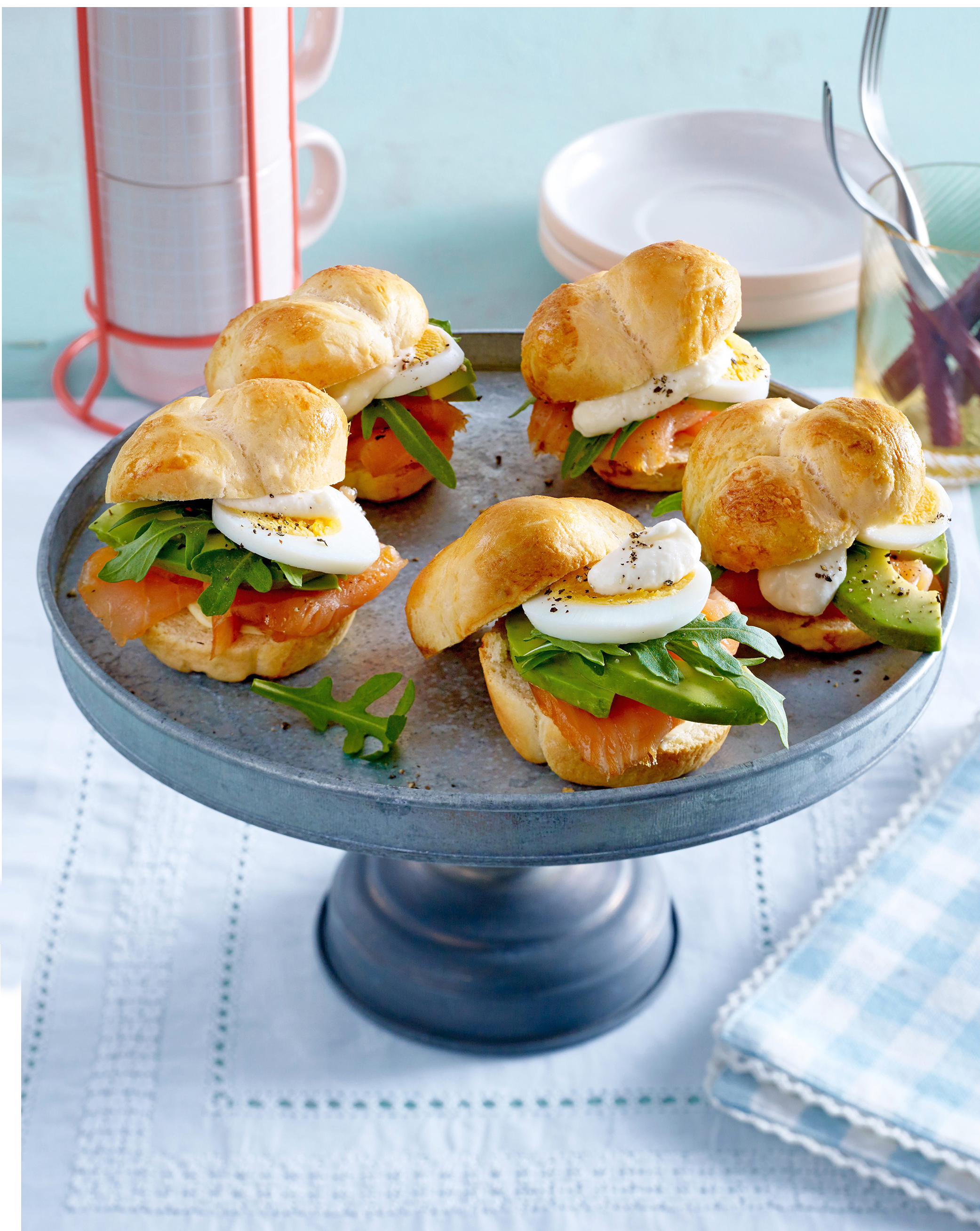 smoked salmon brunch sandwiches on a gray platter