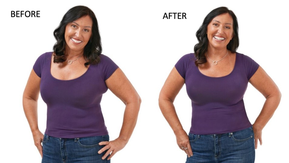 Lori Luciani, posing before and after a new bra