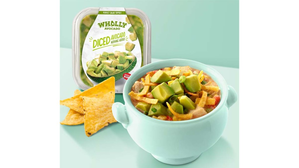 Wholly Diced Avocado topped over a bowl of chili
