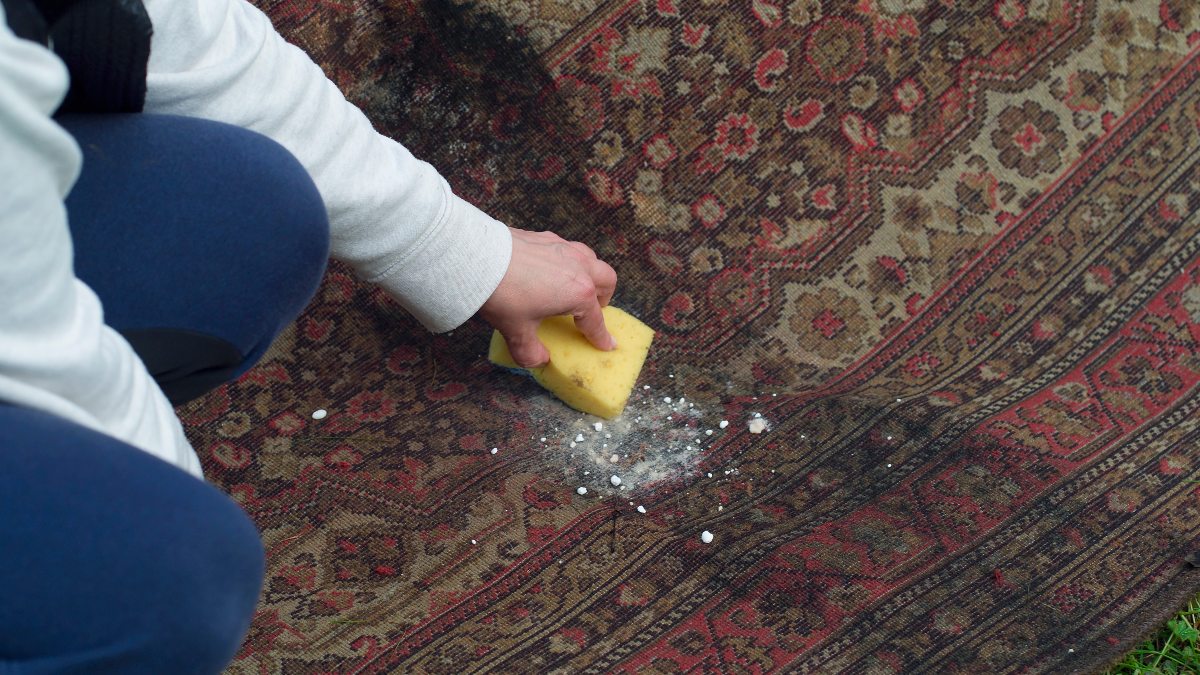 woman cleaning a carpet rug outside with baking soda