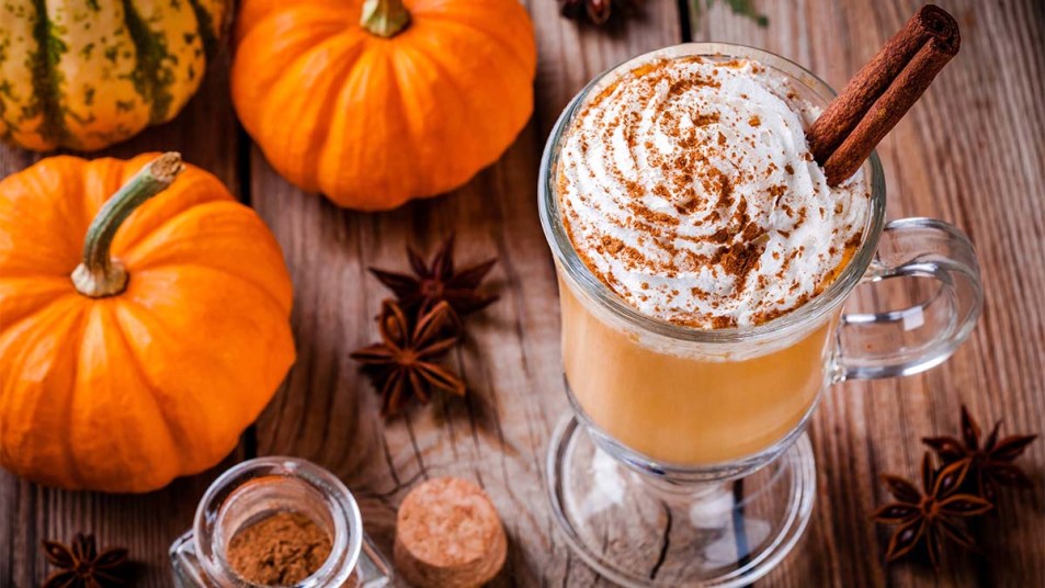 Pumpkin spice latte with whipped cream on wooden table