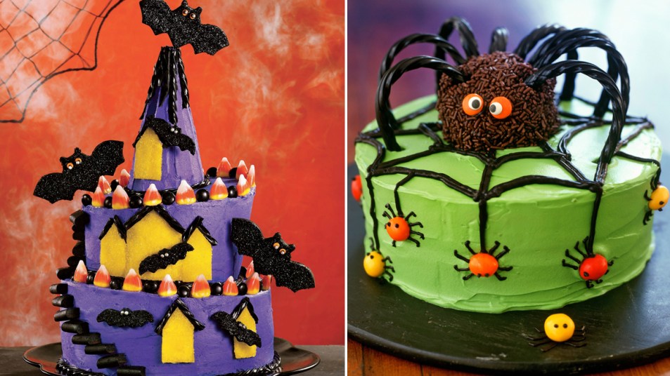 purple halloween cake and green halloween cake