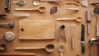 Various kitchen baking utensils. Flat lay.