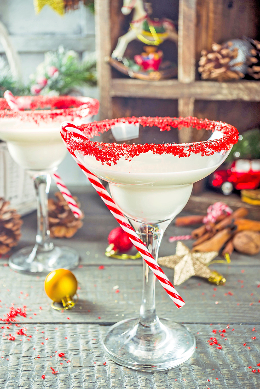 Two Candy Cane White Russian peppermint cocktails on table