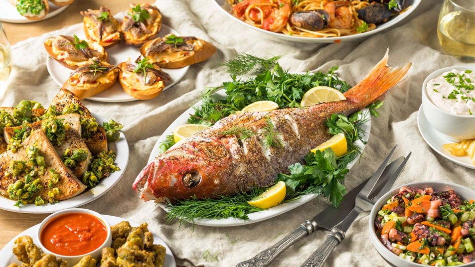 Feast of Seven Fishes on a table