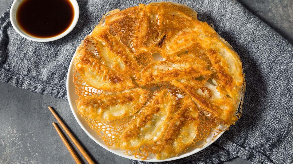 Homemade Fried Lace Dumpling Potstickers with Soy Dipping Sauce