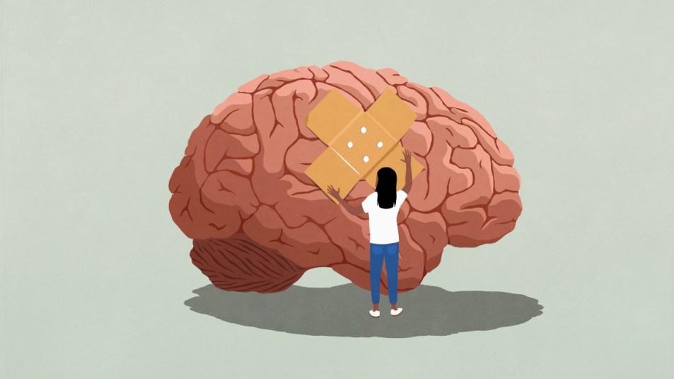 illustration of woman putting bandaid on brain, concept for memories rewire in mental health