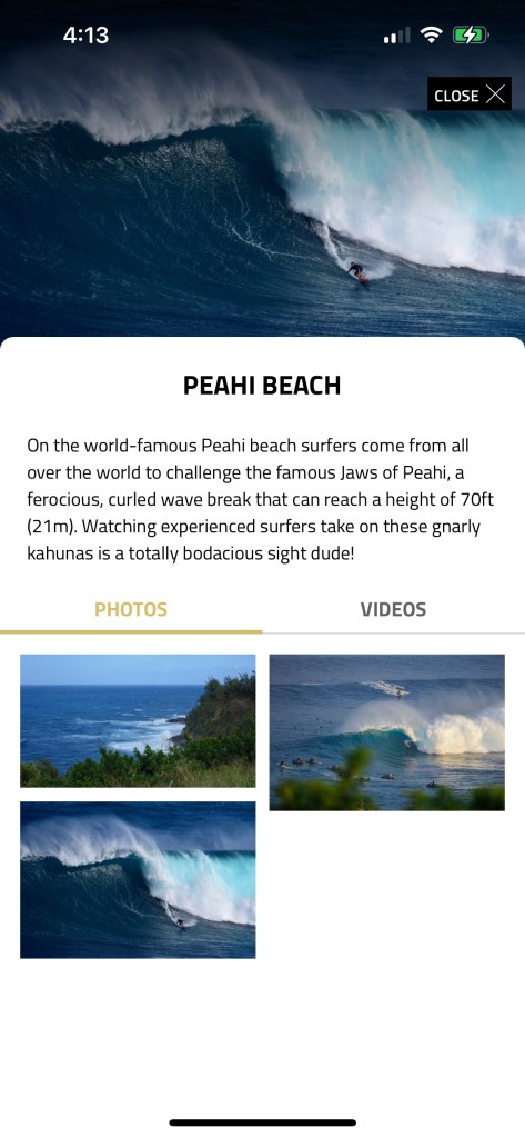 Screenshot from The Conqueror App and info about Peahi Beach