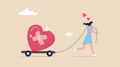 illustration of woman rolling a broken, patched up heart, concept for pink flags and relationship advice