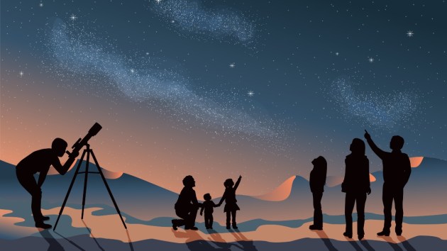 Stargazing looking at dark night sky stars. A group of people family and friends with man woman and children with telescope in silhouette. Looking at milky way astronomy concept vector grouped layered