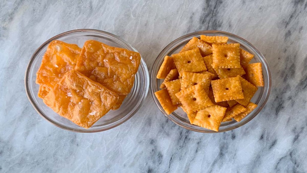 A side by side of homemade and store-bought Cheez-Its
