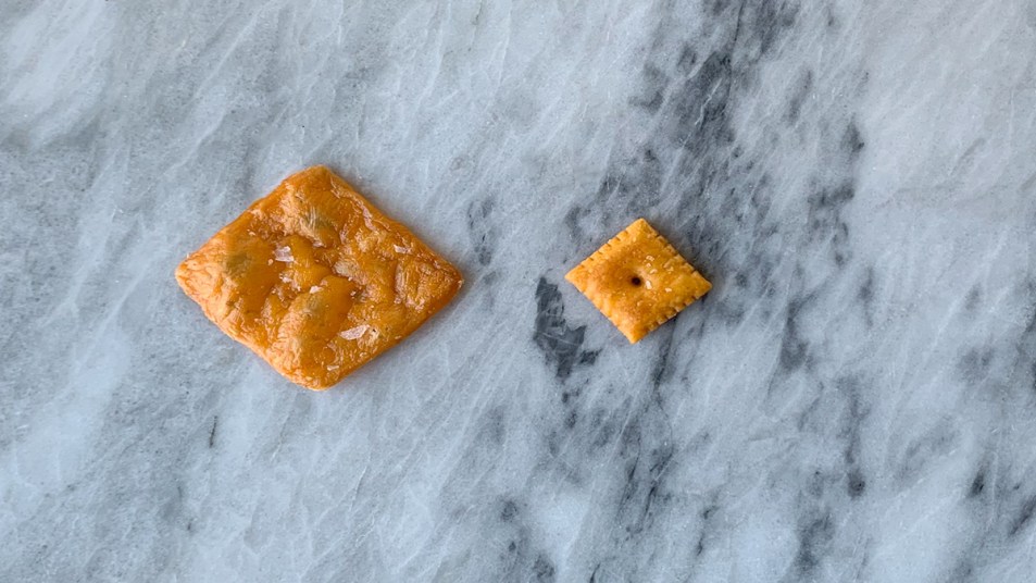 A side by side of homemade and store-bought Cheez-Its