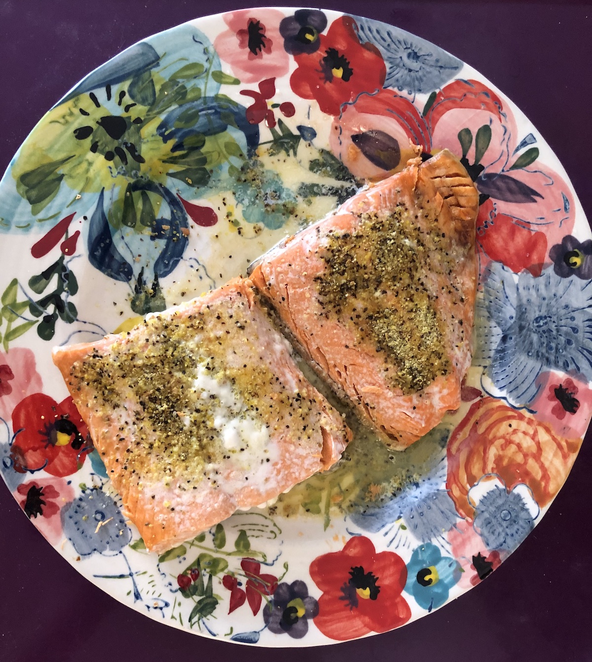 Microwave poached salmon filets on plate