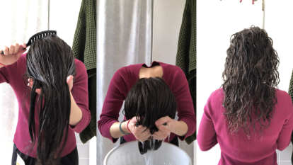 bowl method for curly hair, woman demonstrating in three picture collage