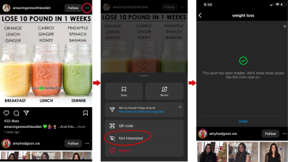 three slide tutorial of phone screenshots, showing how to limit Instagram posts