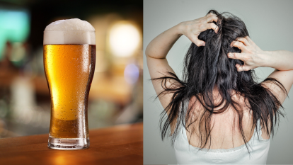 Side-by-side of glass of beer and woman's hair