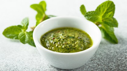 Mint pistou (a sauce made with mint, oil, cheese and lemon)