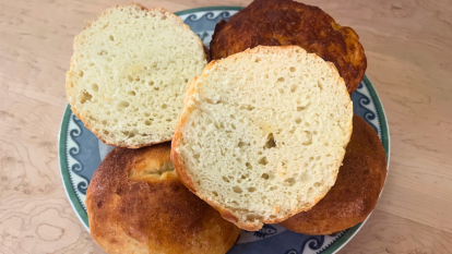 high protein 3 ingredient bagels on blue plate