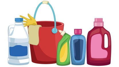 illustration of bleach next to cleaning products like vinegar, and red bucket