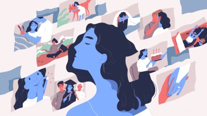 woman and scenes from her life. Concept of memories and thoughts, positive and negative traumatic experience, psychological trauma. Flat cartoon colorful vector illustration.