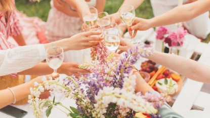 Group of young women have fun at summer picnic in the garden with tasty food and white wine. Cheers with wineglasses. Birthday celebration or hen-party. Friendship. Flowers decoration