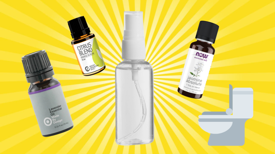 ingredients for DIY poo pourri on a yellow background - essential oils, sprayer, and toilet