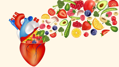 Illustration of various super foods going into human heart