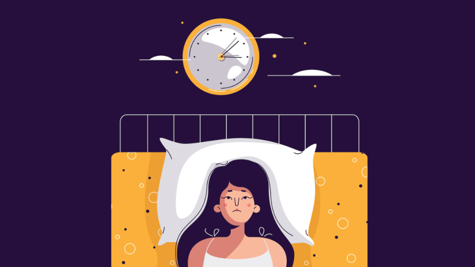 Illustration of woman in bed unable to sleep because of menopause sleep problems