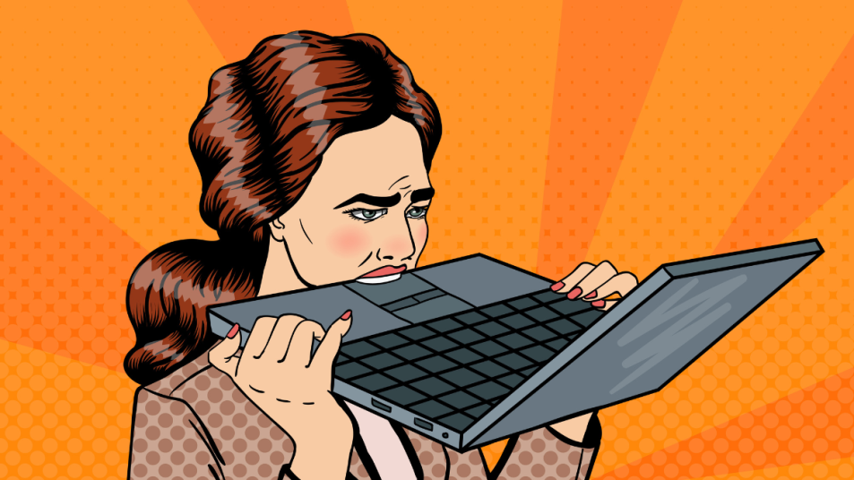 illustration of woman eating her laptop on orange background, concept for being hangry from an oatmeal blood sugar spike