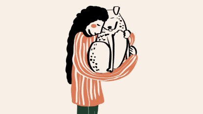 Colorful vector illustration full body of loving woman with long black hair in sweater and pants hugging adorable dog on pink background