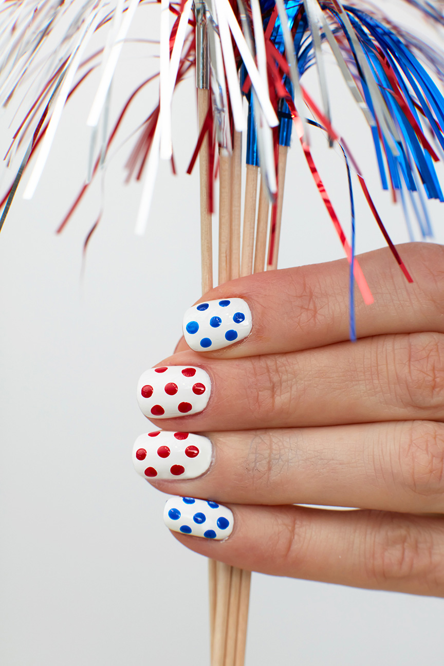 red white blue polka dot nails