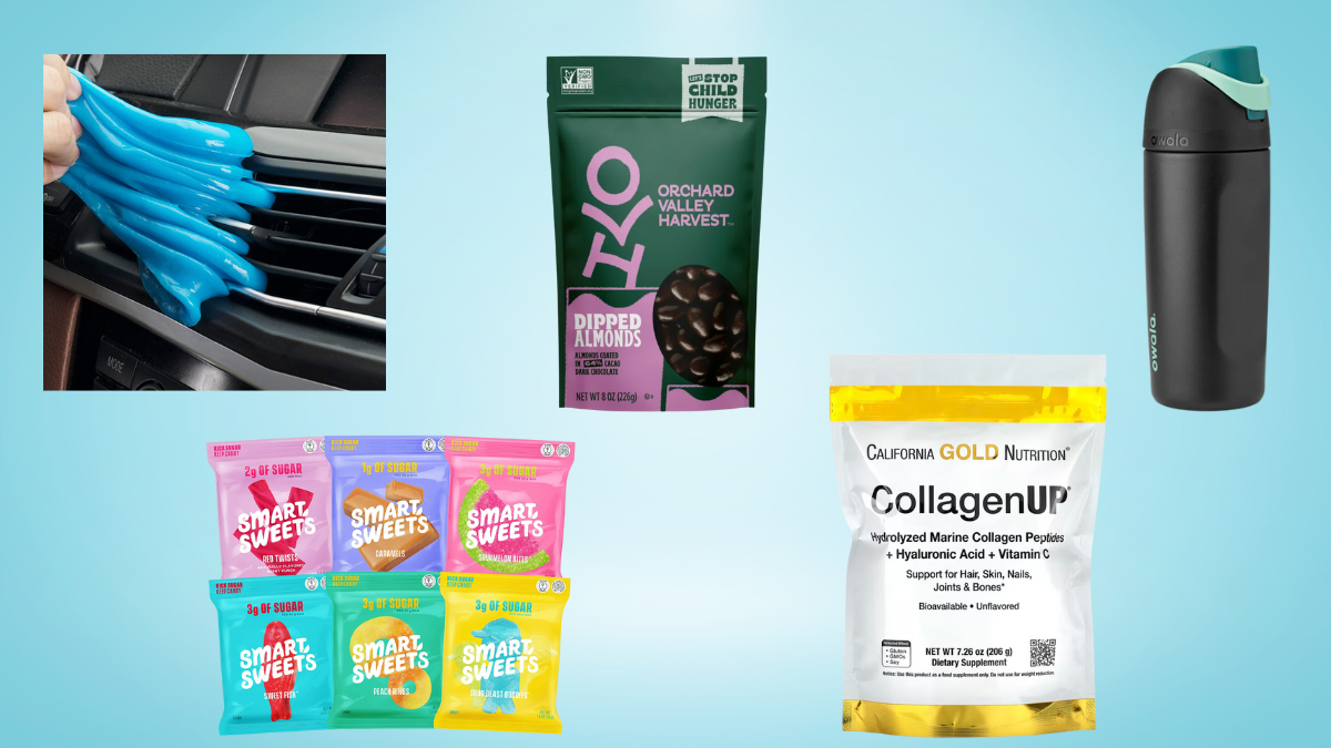 $5 to $25 father's day gift collage, featuring puldiki, Smart Sweets, Orchard Valley Harvest, California Gold, and Owala products