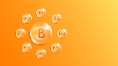 B vitamin B complex droplet with types of B vitamins around the center