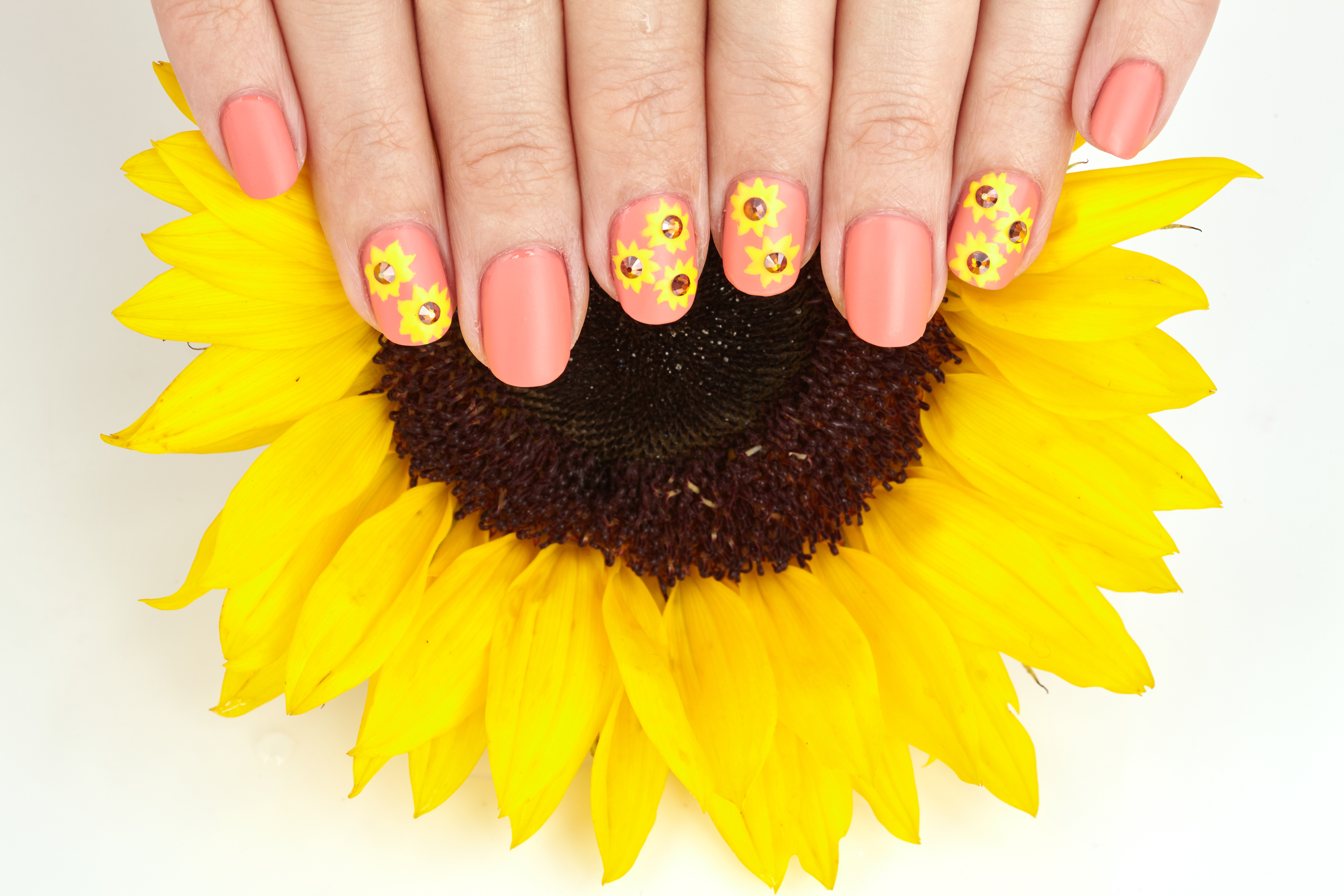 Hands holding a sunflower with nails painted with a sunflower fall nail designs