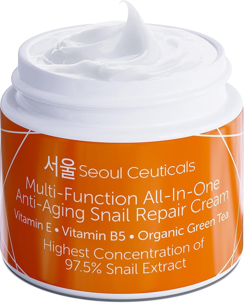 Seoul Ceuticals Multi-Function All-in-One Anti-Aging Snail Repair Cream in small tub.