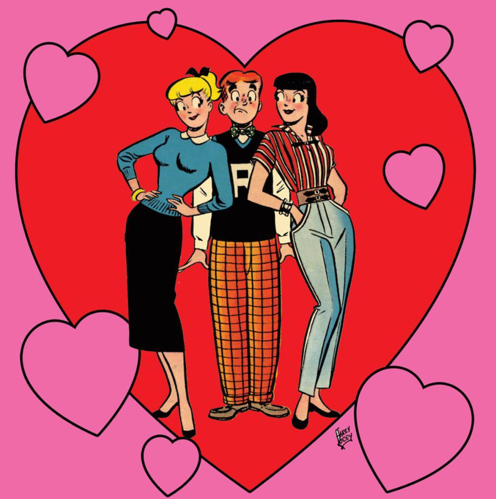 Betty, Archie and Veronica surrounded by hearts