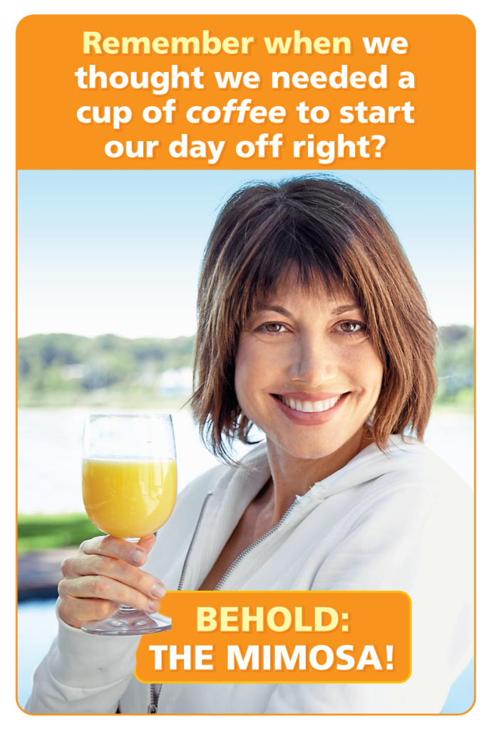 A women stands smiling pinch her mimosa- vino jokes 