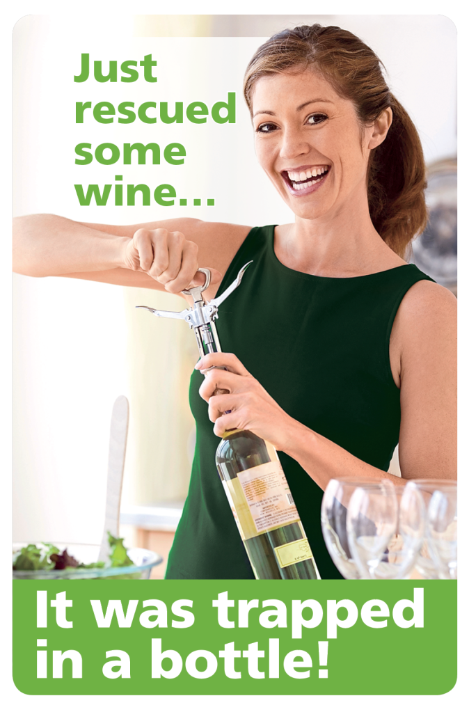 A woman smiles while opening a bottle of wine to read wine jokes
