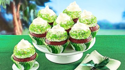 Chocolate Cupcakes with Baileys Frosting sits on a green table cloth (cocktail cupcakes)
