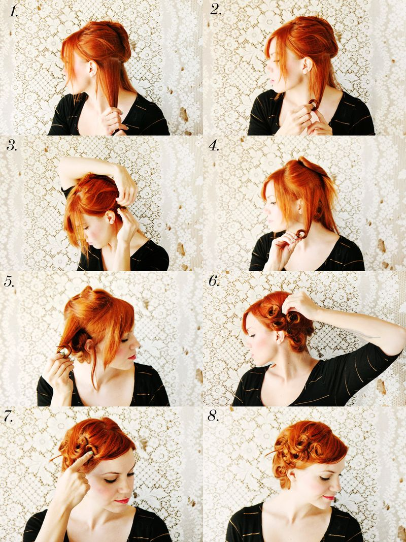 A woman showing the steps it takes to create pin curls for heatless curls for short hair