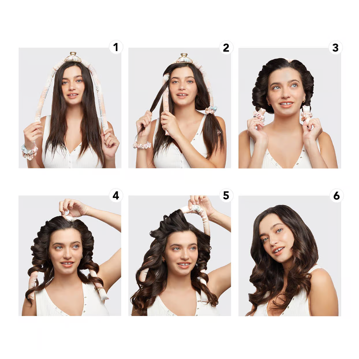 Woman showing the steps to use Kitsch Heatless Hair Curler in Satin, a satin curling headband that can be used to create heatless curls for short hair