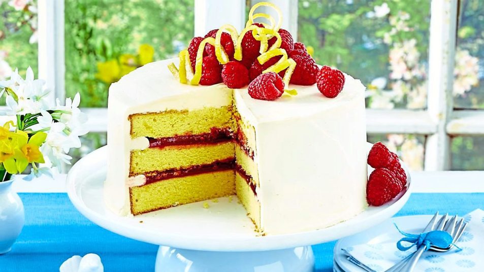 Lemon-Raspberry Dream Cake sits on a cake waiting to be eaten
