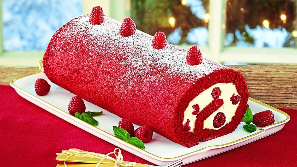 Red Velvet Raspberry Roulade sits looking delicious