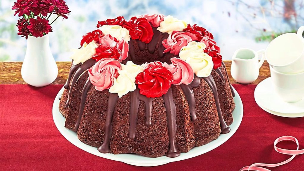 Chocolate Raspberry Bundt Cake sits on a plate