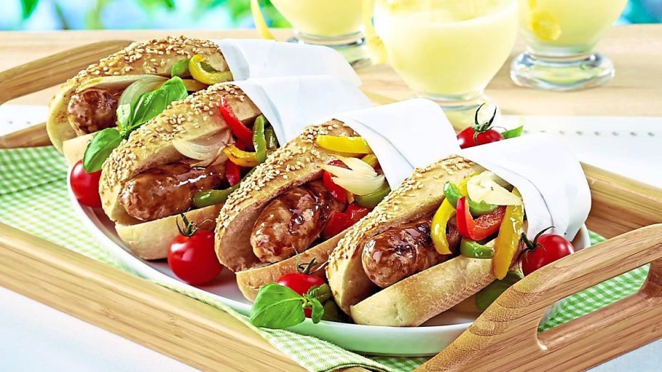 A play of Grilled Bratwurst Hoagies sit waiting to be eaten