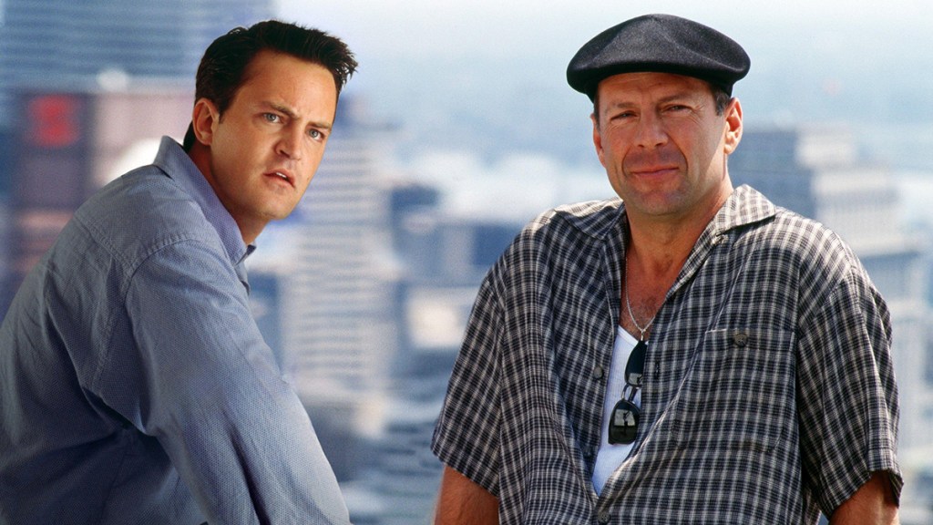 Matthew Perry and Bruce Willis on the set of The Whole Nine Yards in February 2000