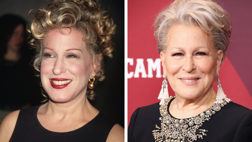 Bette Midler in 1993 and 2023