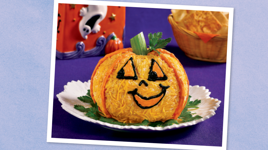 Pumpkin Cheese Ball sits looking cute (halloween potluck)