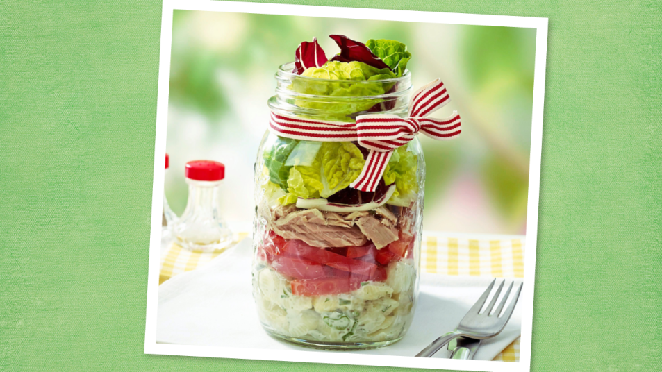 Ranch Pasta Tuna Salad sits in a jar (canned tuna recipes)